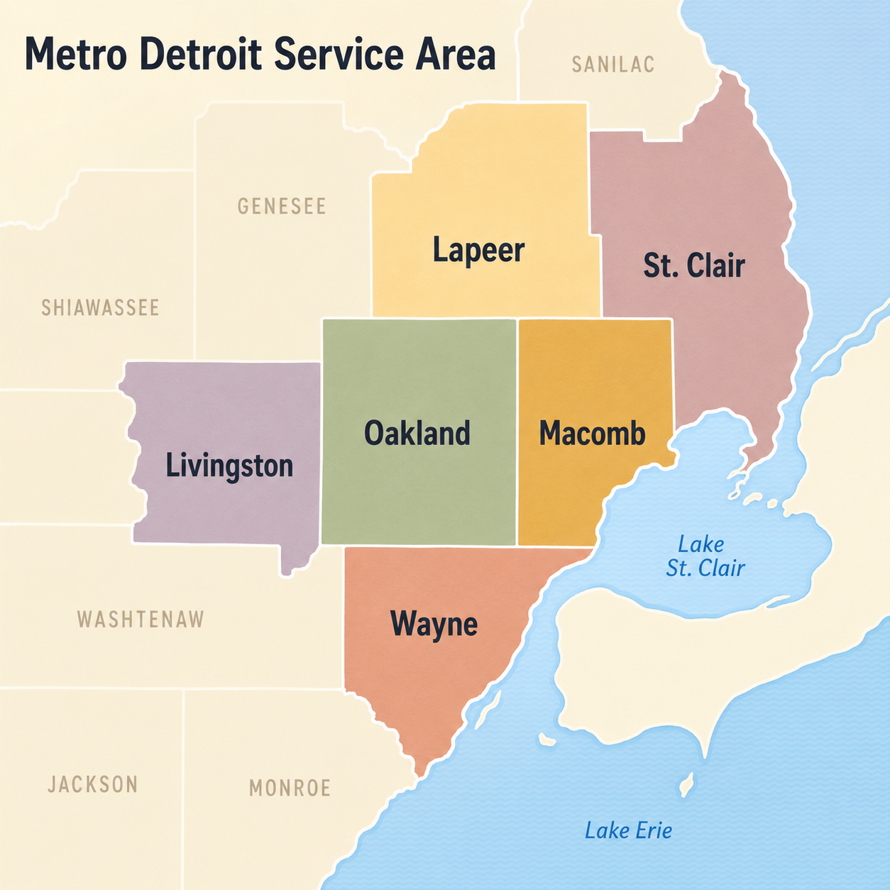Metro Detroit service area map covering six Southeast Michigan counties